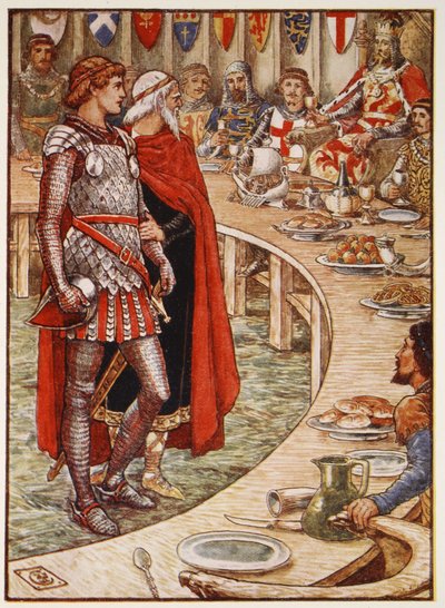 Sir Galahad wordt naar het hof van koning Arthur gebracht, uit 